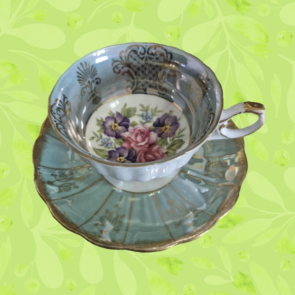 SHAFFORD Vintage Teal Floral Tea Cup